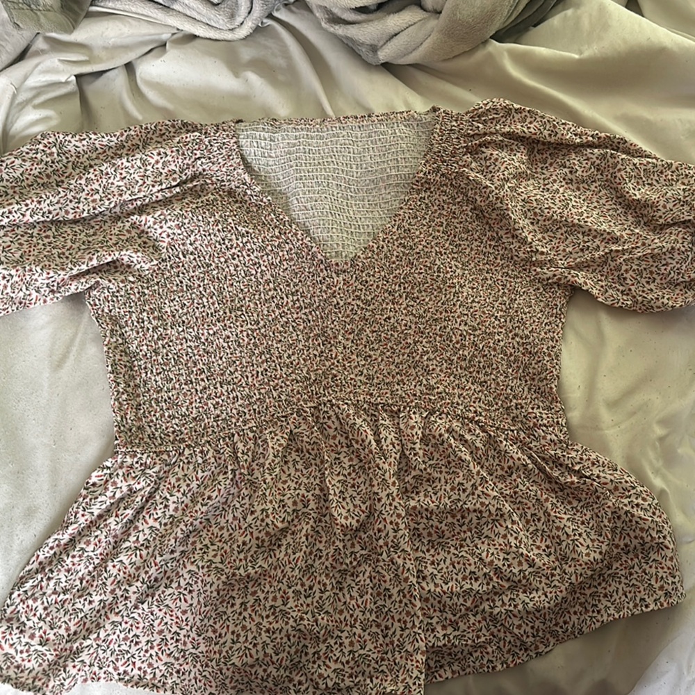 Amazon Pink and Cream Ruffled Peplum Blouse